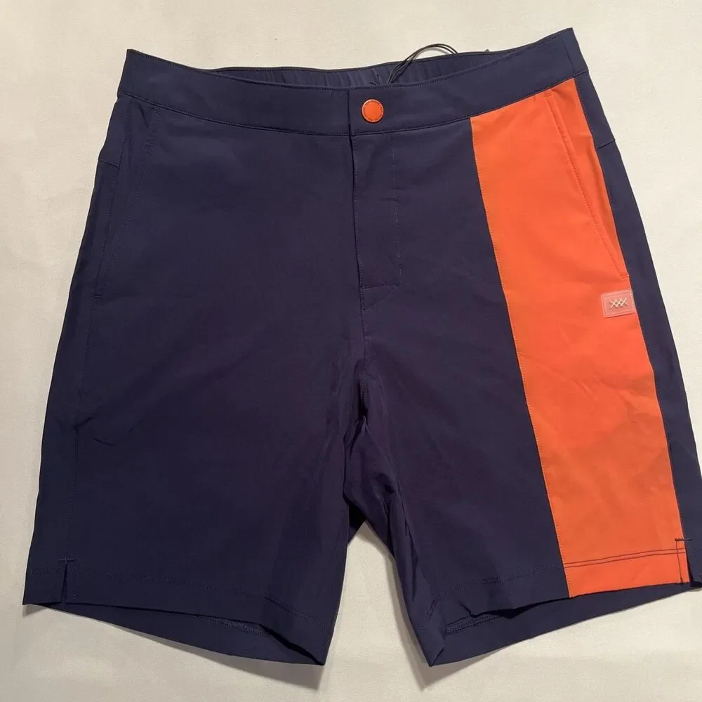 Rhone Men's Barrier Swim Short Navy Orange Performance Flat Front Lined Small